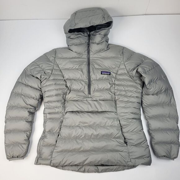 Patagonia Down Sweater Womens Hooded Pullover Jacket Kangaroo Pocket Gray Size M - Picture 1 of 16